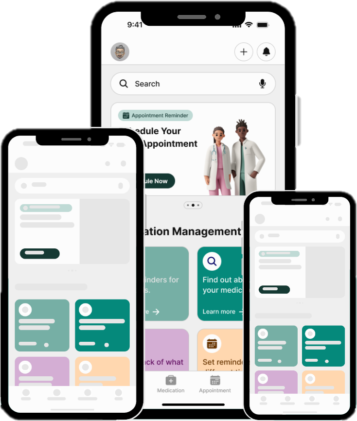 Healthcare mobile app interfaces showing appointment scheduling, medication management, and patient portal features